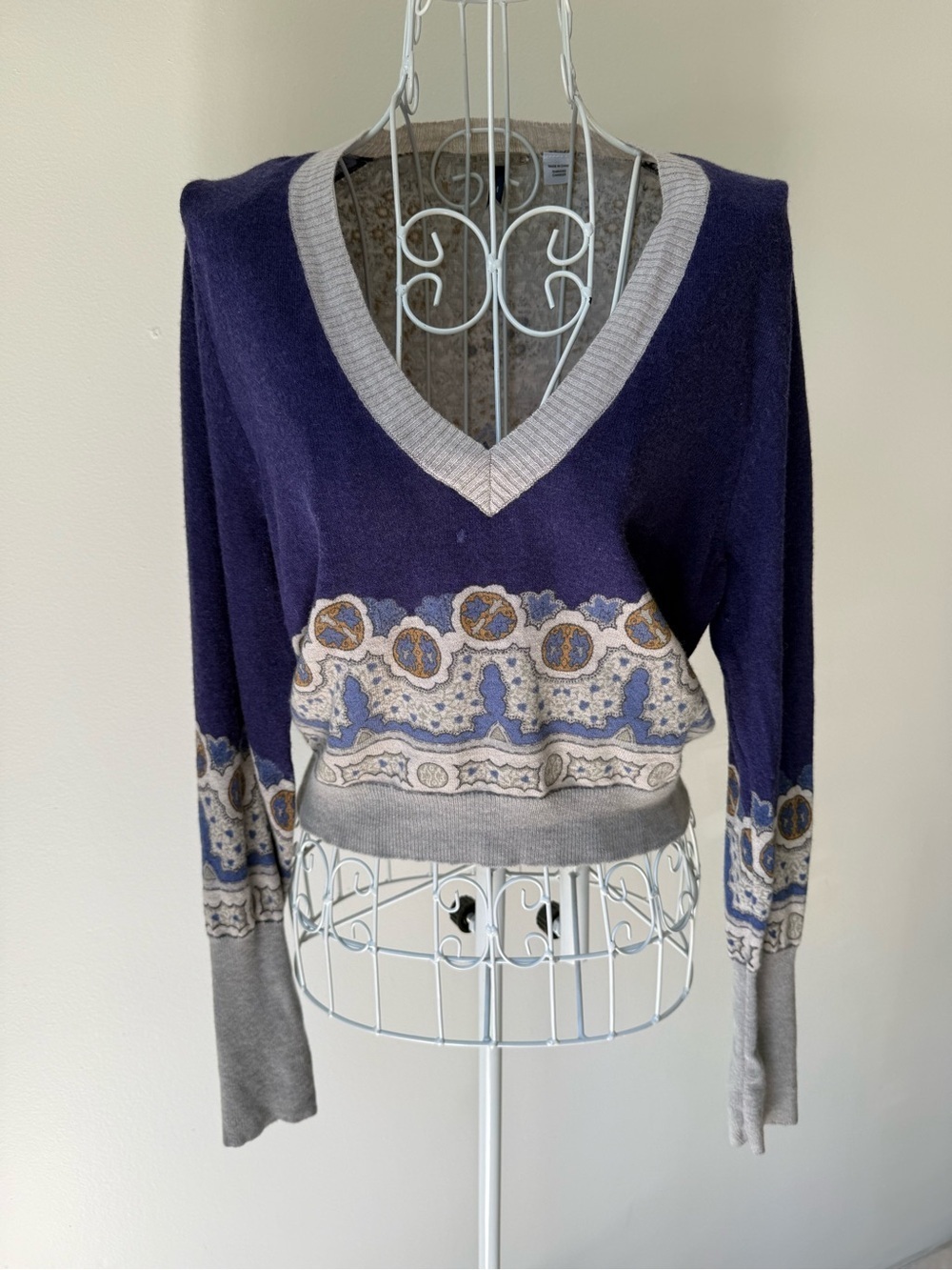 Language Wool Cashmere Blend V-Neck Sweater Blue Pattern Trim Sz M